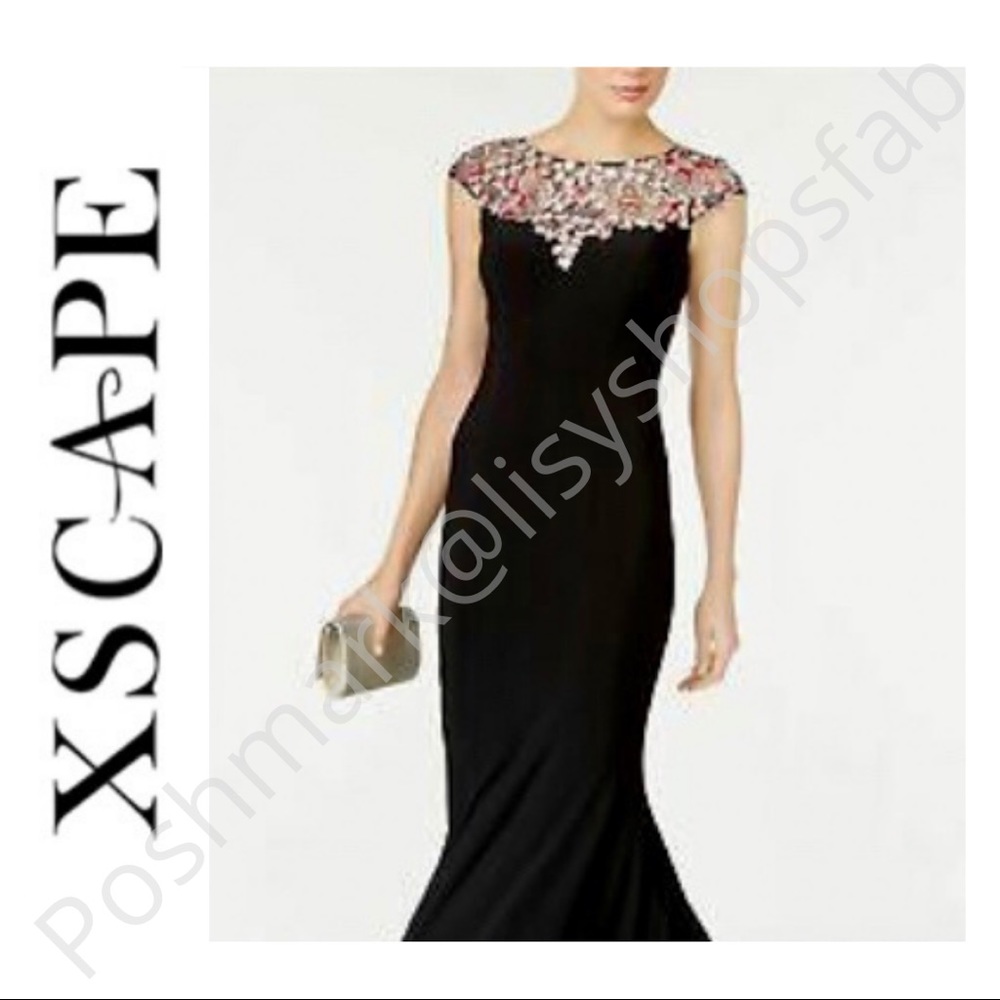 XSCAPE Gown Black with Floral Embroidery & Stones